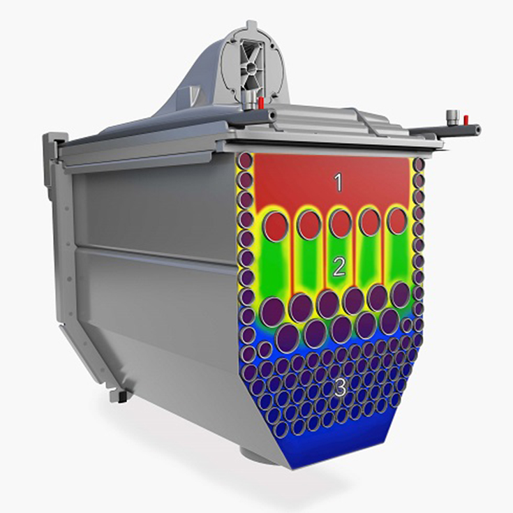 3D-Simulation eines Wärmetauschers mit farbiger Darstellung der Temperatur- und Verbrennungszonen.